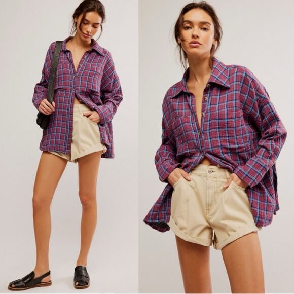Free People Oversized Bohemian Grunge Fall Cardiff Plaid Swing Top Shirt Small - Picture 3 of 14